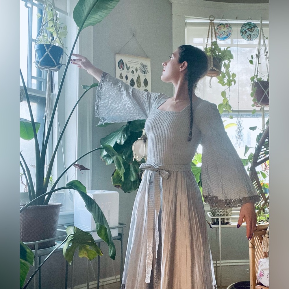 PERFECT ANGEL WING BLUE COTTON 1970s TACHI CASTILLO MAXI DRESS GUNNE SAX STYLE